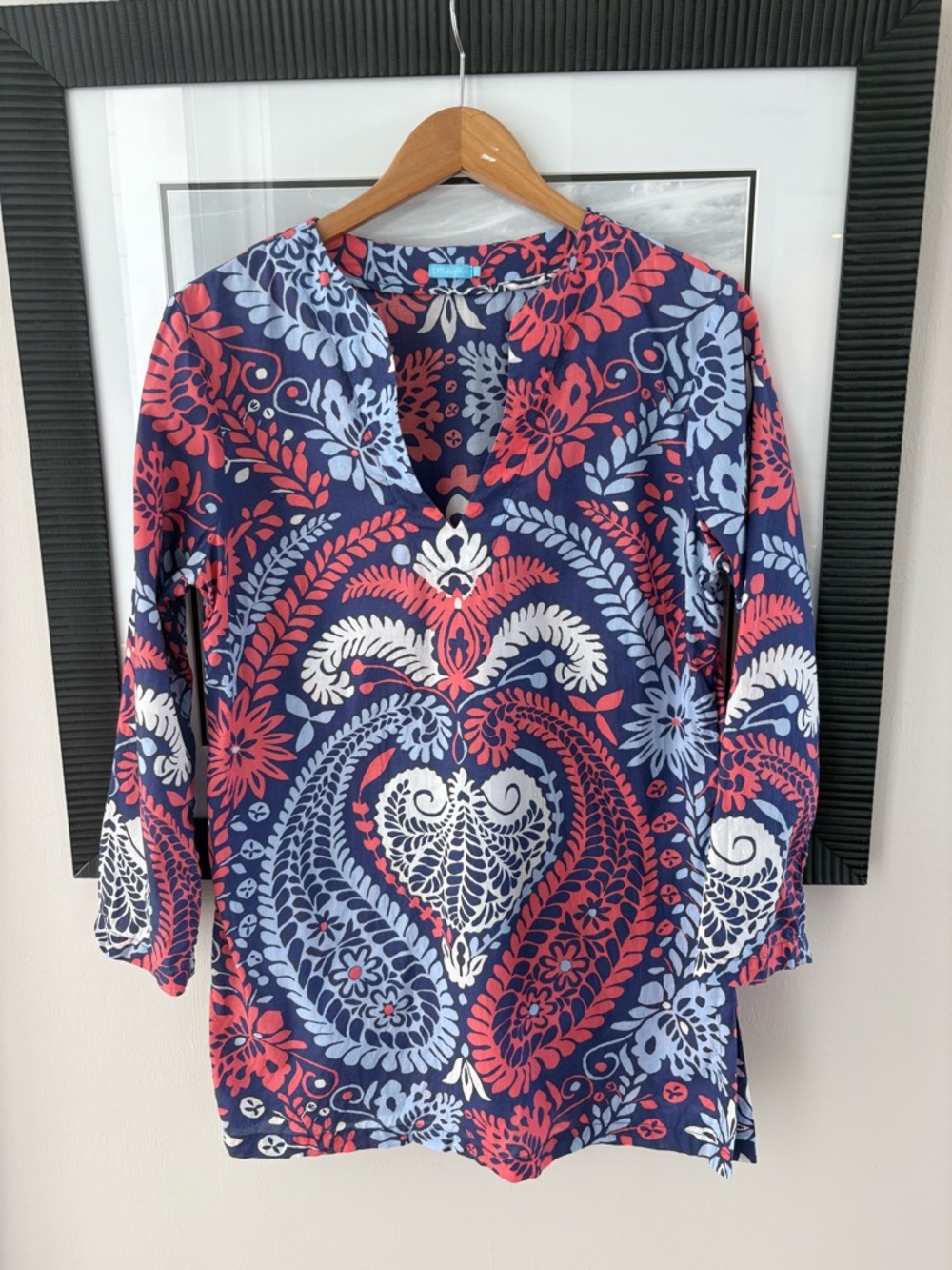 J. McLaughlin Floral Tunic Top Blue Pink Size M 100% Cotton Paisley
